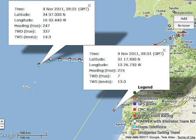Predictwind.com shows the True Wind Speed enjoyed by Groupama close to the African coast and Telefonica who leads the group out to the west, after day 3 of the Volvo Ocean Race. © PredictWind.com www.predictwind.com